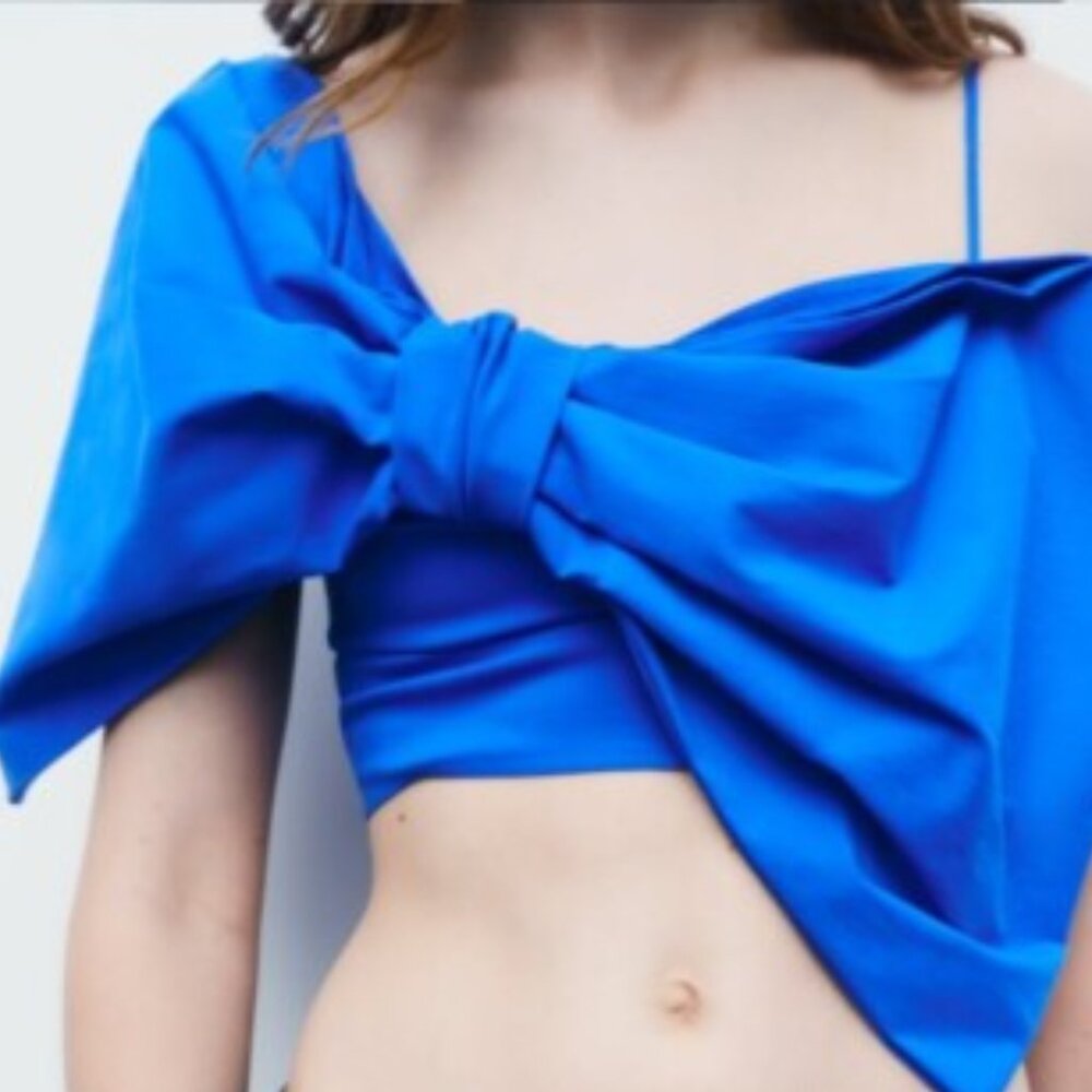 New Zara Bow Tie Crop Top Women's Size Medium Blue